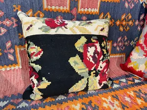 Vintage Black Romania Besarabian Kelim Pillow